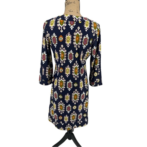 Jude Connally Navy Blue Boat Neck Shift‎ Dress V-Neck Retro Print 70's Stretch - Picture 3 of 9